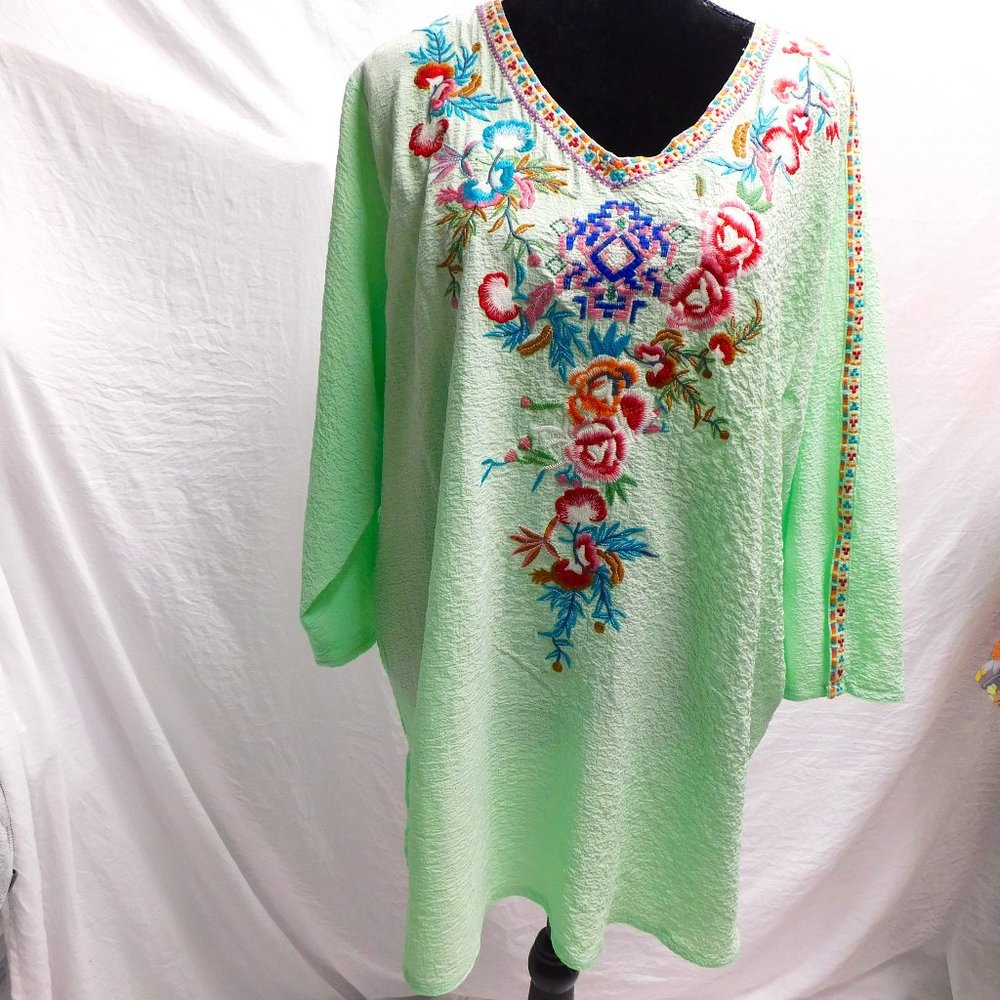 Mint Green Embroidered V-Neck Peasant Blouse